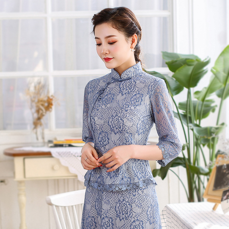 Hiện view Tang Hua mei 2020 mùa hè váy mới cơ retro váy ren bảy tay trà váy áo Tang chiếc váy sườn xám của phụ nữ