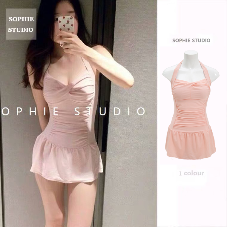 <!--Baignade游泳衣女连体裙式小胸清新聚拢大码保守显瘦遮肚温泉-->