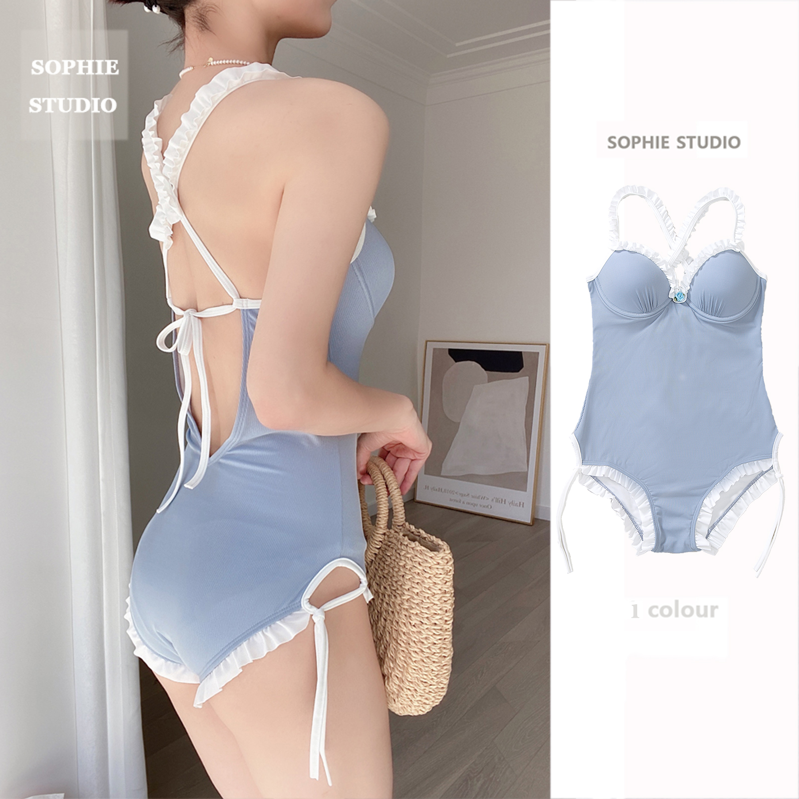 Sophie swimsuit conjunction with lean, dew, baby blue girl appears sweet and sweet and gentle