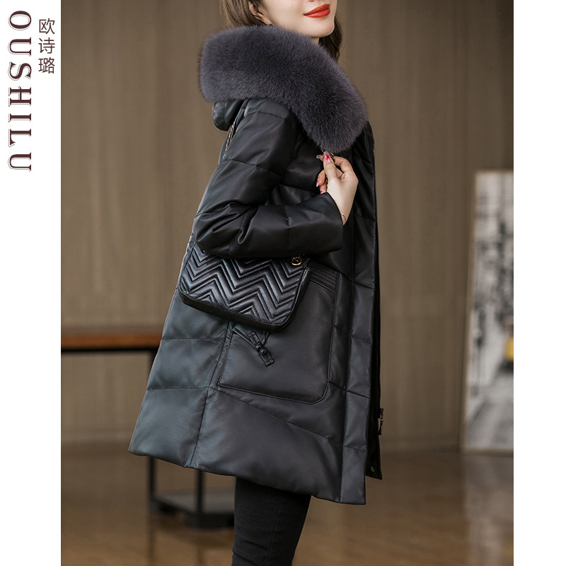 Haining down jacket women's genuine leather detachable fox fur hooded mid-length sheepskin leather jacket 2021 slim fur jacket