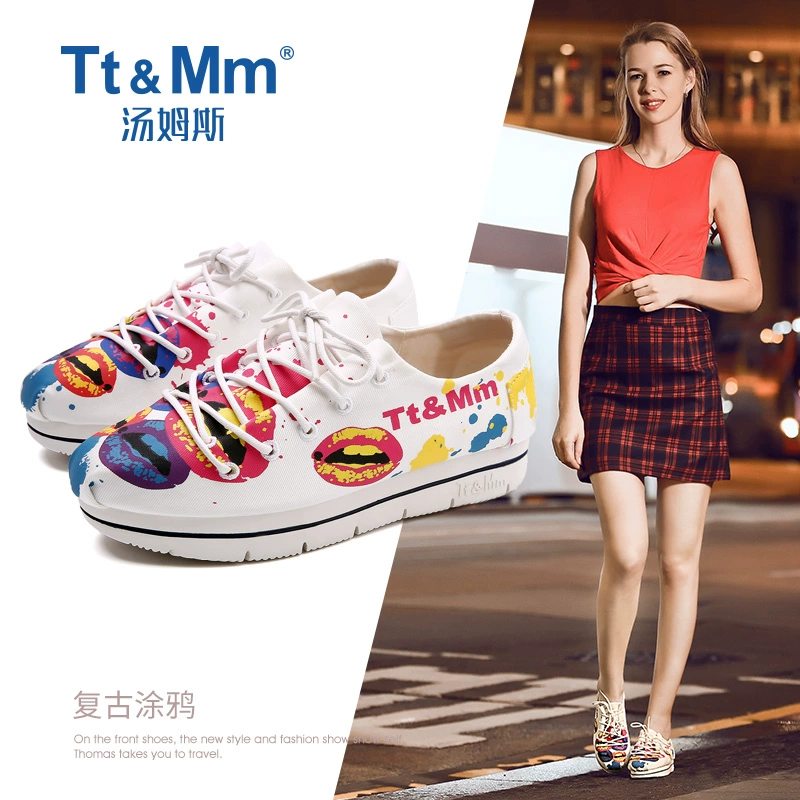 Tt & Mm / Toms retro Hong Kong hương vị giày vải phụ nữ 2020 mùa xuân trắng graffiti giày nữ đế dày giày xốp - Plimsolls