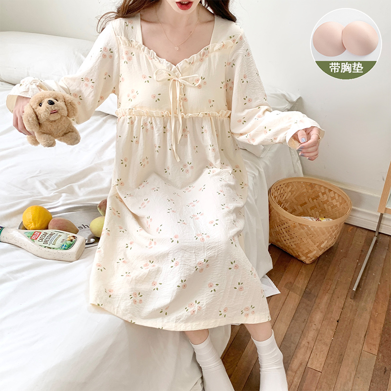 With Chest Cushion Sweetness Princess Wind Sleeping Dress Lady Spring Autumn Season Thin with long sleeves loose Pregnant Woman Pyjamas clothes Home Clothing Outside-Taobao