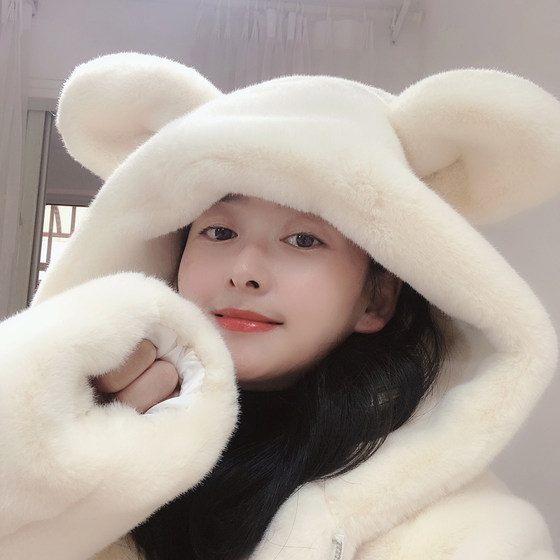 Korean style new autumn and winter cute bear ears lamb fur fur hooded plush thickened coat for women