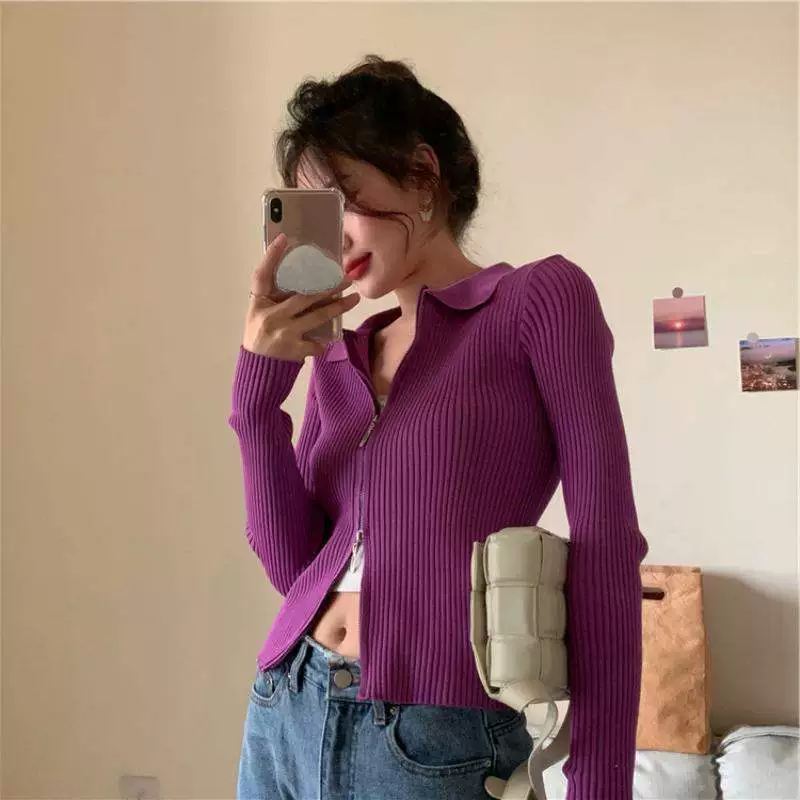 Hot Spring Ice Silk Đan cardigan Áo khoác ngắn Phụ nữ 2020 Sexy Zipper Áo len mỏng Slim Dài tay hàng đầu - Áo len cổ chữ V