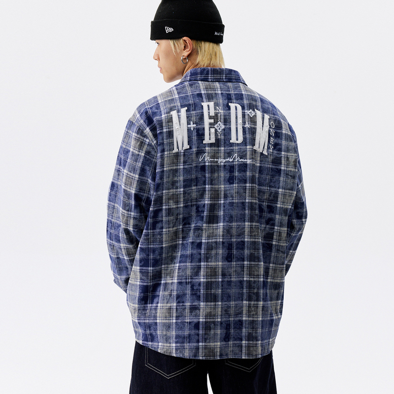 Medm Plush Patch Pearl Casual Plaid Shirt American Retro Plaid Long-Sleeve Couple Shirt for Autumn Medm Plush Patch Pearl Casual Plaid Shirt American Retro Plaid Long-Sleeve Couple Shirt for Autumn