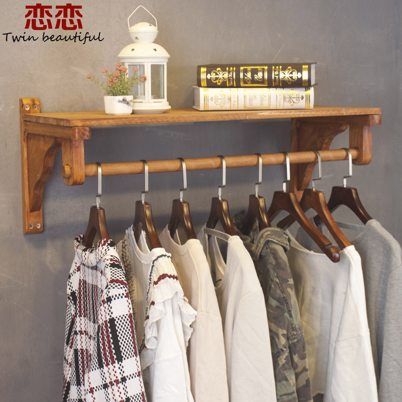 Clothing Store Wall Display Rack, Specialized Rack for Women's Clothing Stores, Vintage Distressed Wooden Clothes Rail, Simple Clothes Rack Clothing Store Wall Display Rack, Specialized Rack for Women's Clothing Stores, Vintage Distressed Wooden Clothes Rail, Simple Clothes Rack