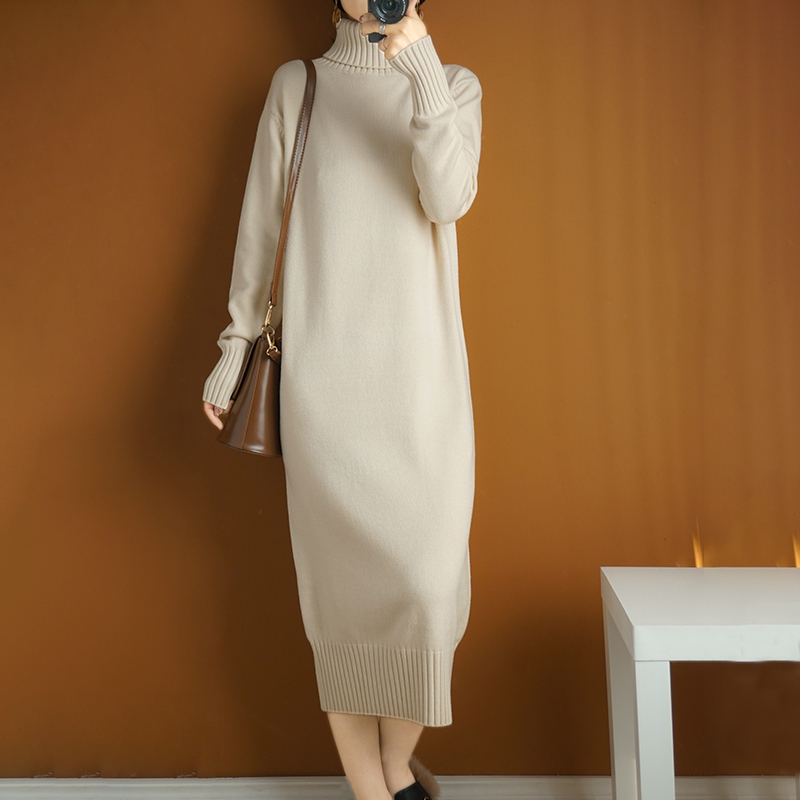 Clearance Price Thick Turtleneck Long Sweater Women's Knitted Dress Pullover Mid-Length Wool Over-The-Knee Sweater Dress