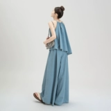 Синяя трехмерная летняя майка топ без рукавов, джинсовые штаны, в цветочек, оверсайз, свободный крой