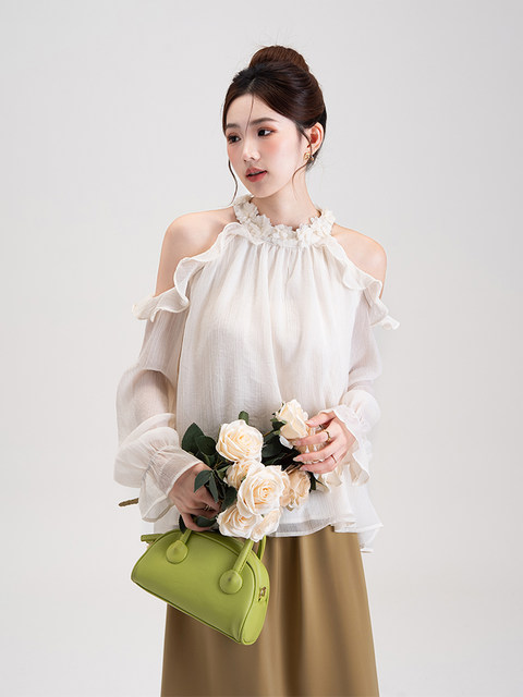 French-Style Three-Dimensional Floral Halter Neck Off-Shoulder Chiffon Blouse for Women, 2025 Autumn New Ruffled Long-Sleeve Thin Shirt