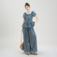 ຊຸດໂສ້ງຂາກວ້າງ denim ແຂນເສື້ອສີຟ້າ