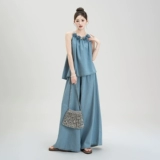 Синяя трехмерная летняя майка топ без рукавов, джинсовые штаны, в цветочек, оверсайз, свободный крой