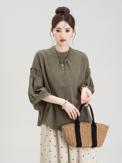 Military green round neck lantern mid-sleeve shirt women's summer new small polka dot wide-leg casual pants two-piece suit