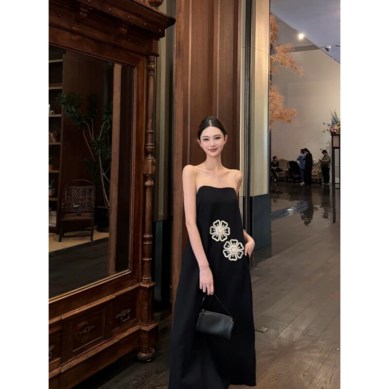 French-Style Black Printed Mesh Patchwork Tube Top Dress for Women, Summer High-End Birthday Dress, Sexy Long Dress French-Style Black Printed Mesh Patchwork Tube Top Dress for Women, Summer High-End Birthday Dress, Sexy Long Dress