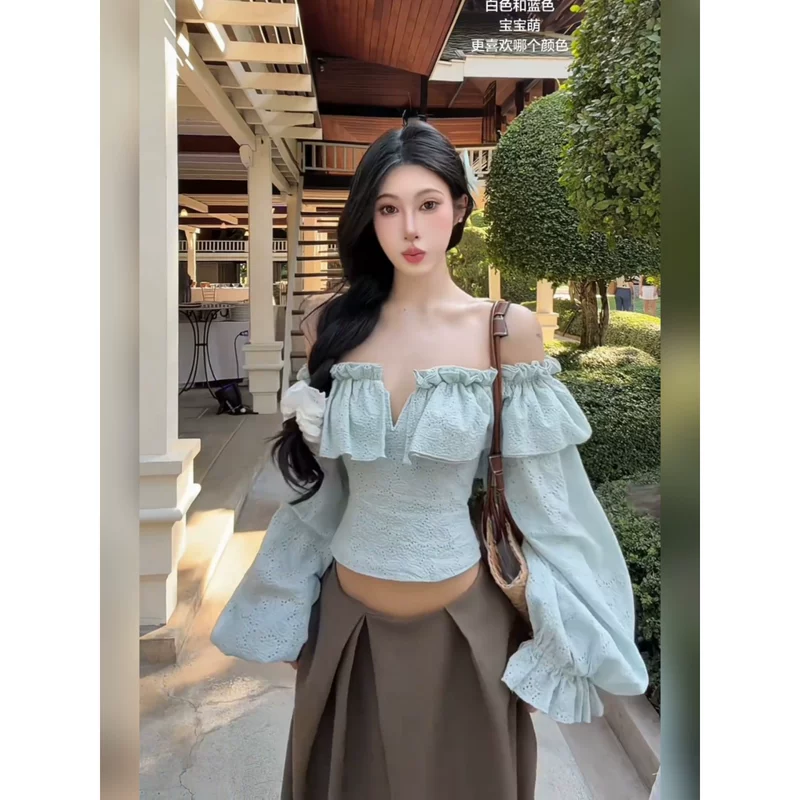 Blue spring summer top with cups, short brace, french style, open shoulders