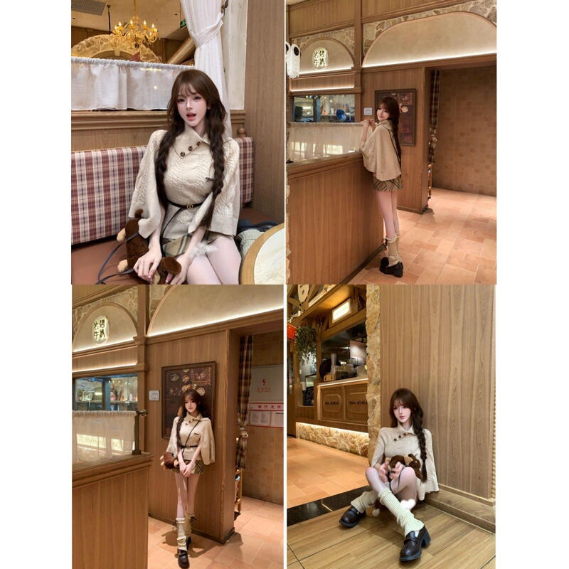 Rich Girl Outfit for Women in Autumn and Winter, Petite Size, High-Neck Shawl Cape, Knitted Sweater, Plaid Skirt