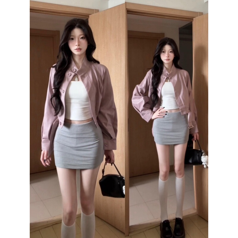 Korean Retro Pink Stand-Up Collar Leather Jacket for Women, Early Autumn, Petite, Loose, Short, Biker Style Jacket Top Korean Retro Pink Stand-Up Collar Leather Jacket for Women, Early Autumn, Petite, Loose, Short, Biker Style Jacket Top