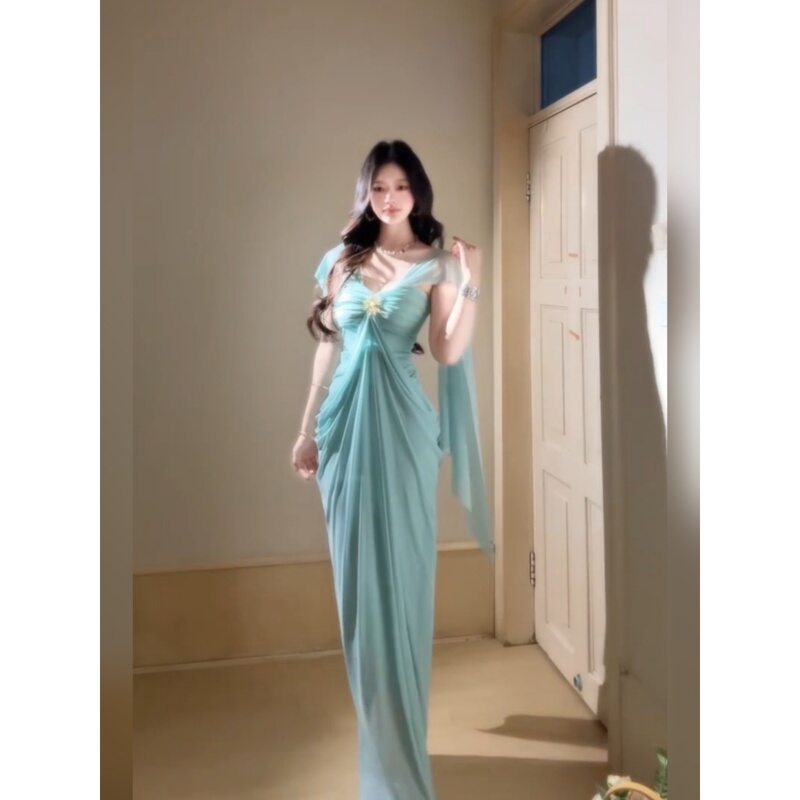 French-Style Pure Desire Blue Mesh Halter Neck Tube Top Dress for Women, Summer Beach Vacation Dress, Waist-Cinching Bodycon Long Dress French-Style Pure Desire Blue Mesh Halter Neck Tube Top Dress for Women, Summer Beach Vacation Dress, Waist-Cinching Bodycon Long Dress