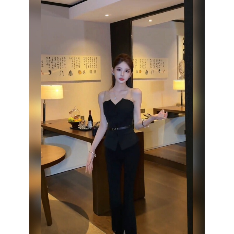 Korean-Style Black Rhinestone Mesh Patchwork Camisole for Women, Summer Mature Style, Elegant Waist-Cinching Sleeveless Top
