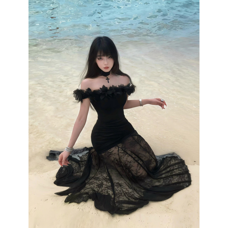 French-Style Black Mesh One-Shoulder Dress for Women, Summer Elegant Waist-Cinching Birthday Dress, Bodycon Fishtail Long Skirt