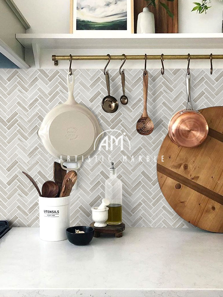 Stone mosaic TV background wall white fishbone spell natural marble powder room kitchen non-slip tiles