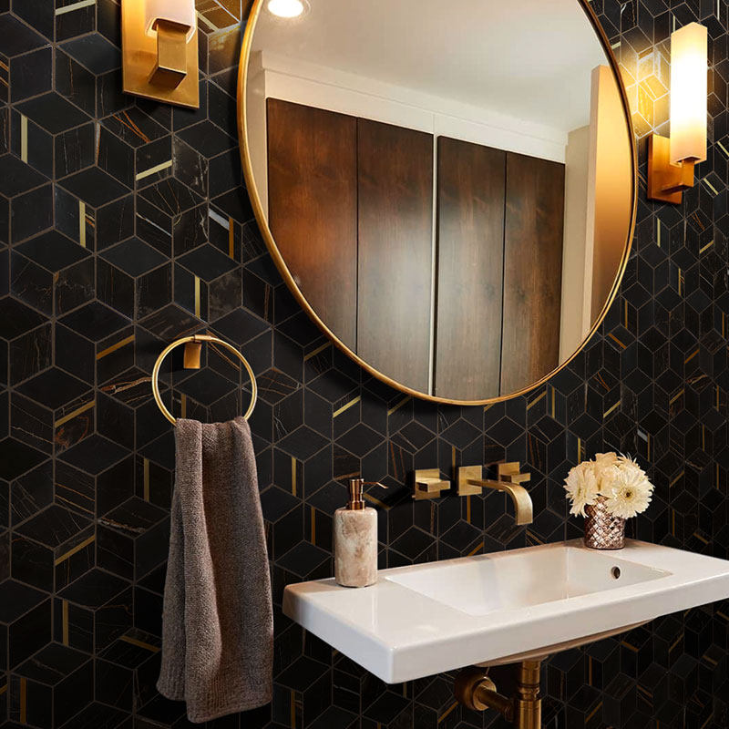 Nordic Black Gold Mosaic Tiles Makeup Room Hexagon Marble Bathroom Wall Brick Jazz White Genguan Background Brick