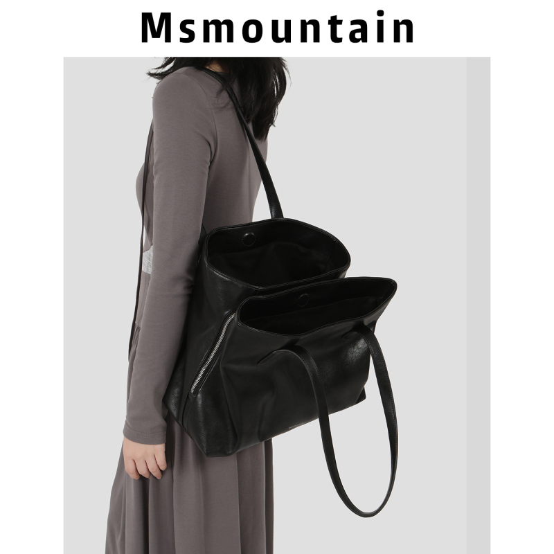 [Shanjianshan] Genuine Leather Niche Large-Capacity Tote Bag for Women, Cowhide High-End Commuter Bag, Black Shoulder Bag, Large Bag