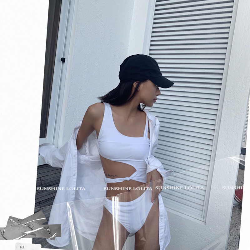 Net red white one-piece bikini open waist one-shoulder niche swimsuit Bathing hot spring three-point sexy vacation swimsuit female