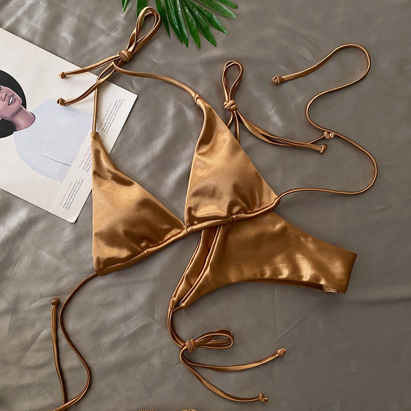 European and American Sexy Golden Satin Bikini Three-Point Strap Split Swimsuit Small Bust Hot Spring Beach Vacation Swimwear