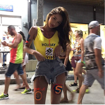 Net red with bright yellow white swimsuit fashion letter high fork backless slim lift hip triangle conjoined bikini female