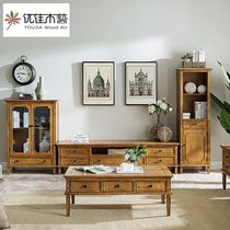 American TV cabinet coffee table combination solid wood simple beauty retro old ground cabinet small apartment American country furniture combination