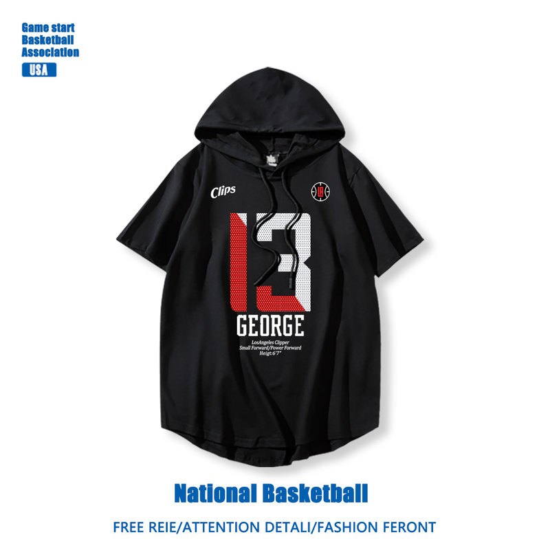 Clippers Paul George Basketball Training T-Shirt Summer Men's Sports Hoodie Loose Cotton Casual Half-Sleeve Top