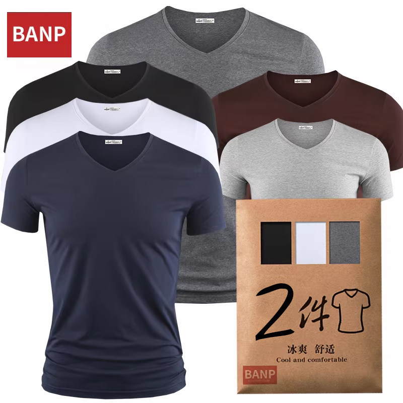 【2枚セット】メンズ半袖Tシャツ、Vネック、無地、スリムフィット、ブラック、夏用半袖コットンアンダーシャツ