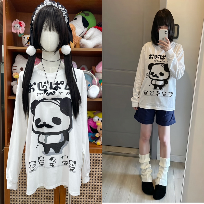 Princess Katie/Exclusive LAOSHU /Uncle Panda/Japanese-Style Cute Print Long-Sleeve T-Shirt for Women, Loose and Versatile Top Princess Katie/Exclusive LAOSHU /Uncle Panda/Japanese-Style Cute Print Long-Sleeve T-Shirt for Women, Loose and Versatile Top