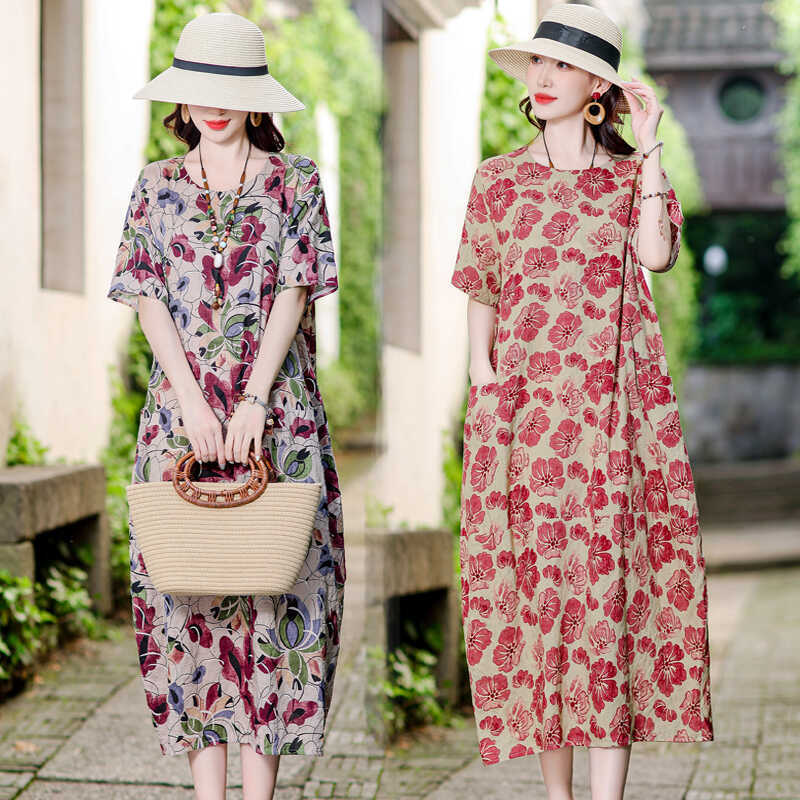 Cotton and Linen Dress for Women, Summer 2026 New Style, Large Size, Loose Fit, Tummy-Covering, Slimming, Mid-Length Linen Printed Dress