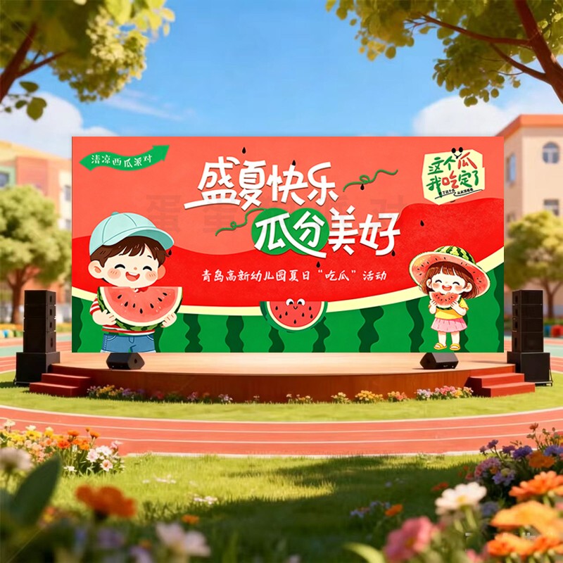 Summer Watermelon Party School Kindergarten Large Event Stage Scene Layout Spray-Painted Hanging Cloth Arch Human-Shaped Sign