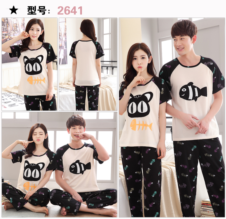 Phim hoạt hình mùa hè cotton couple đồ ngủ nam của Hàn Quốc quần ngắn tay cotton phần mỏng mùa xuân và mùa hè phục vụ nhà phù hợp với phụ nữ đồ bộ ống rộng