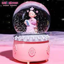 Little girl birthday gift court style grid crystal ball music box snow rotating music box girl heart ornaments