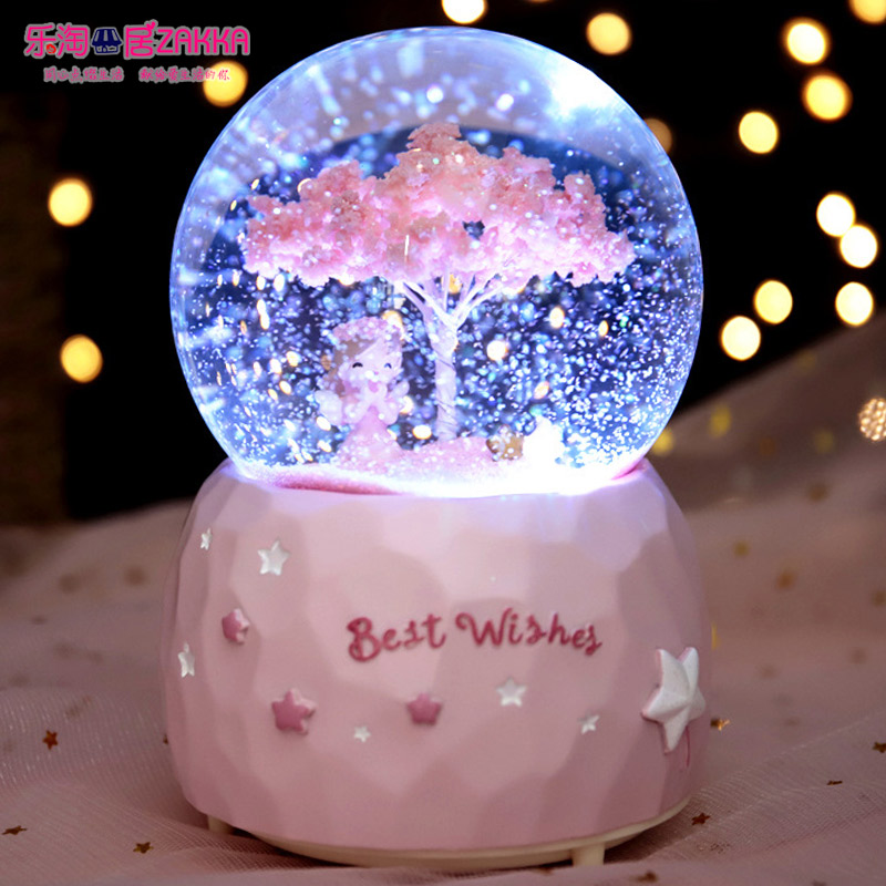 Dream cherry blossom Crystal Ball Music box Snowflake Angel dancing girl Rotating music box Night light girls Day gift