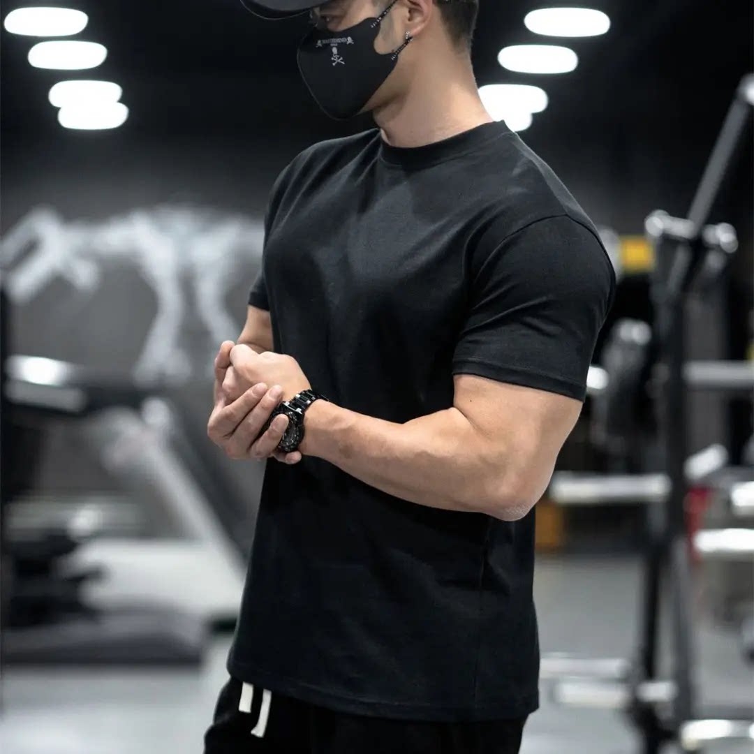 美式收袖口显肌肉冰丝透气速干弹力T恤男士健身衣服大码运动短袖