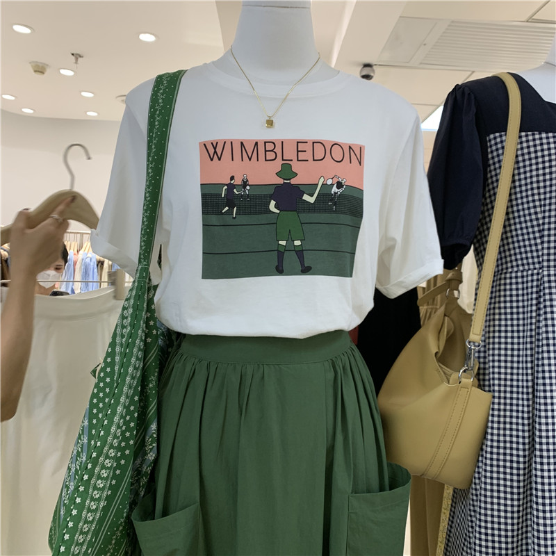 Guangzhou Thirteen Line ITHINK2021 summer new Korean version ins round neck printing cartoon cotton short-sleeved t-shirt women