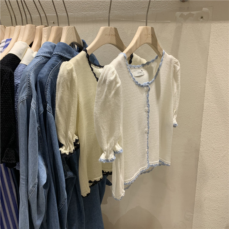 vivistype French sweet niche handmade contrasting color edge design sense knitted sweater women's short-sleeved outer top