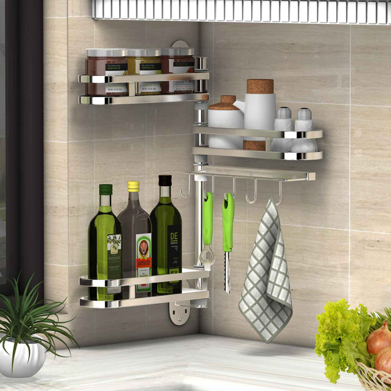 Space-saving 304 stainless steel non-perforated kitchen shelf seasoning tank rack Storage shelf seasoning rotating wall hanging