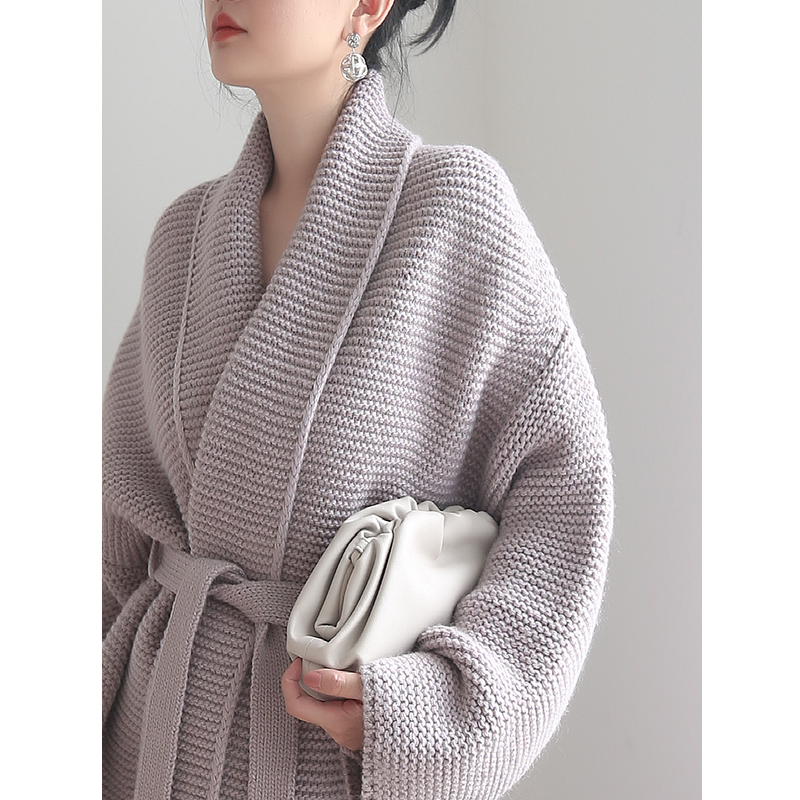 Casual Style Waist-Cinching Thick Knit Cardigan Sweater for Women, 2024 Autumn and Winter New Style, Elegant Tie-Up Oversized Sweater