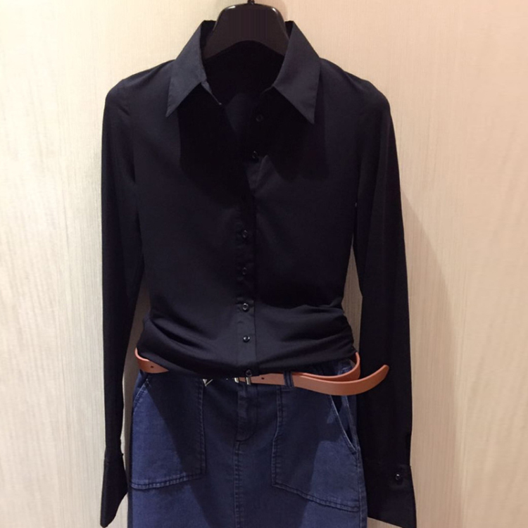 Authentic Women's Clothing from Gejia, 2026 Spring/Summer Elastic Polo Collar Black Long-Sleeve Shirt, Women's Professional Wear, Workwear Authentic Women's Clothing from Gejia, 2026 Spring/Summer Elastic Polo Collar Black Long-Sleeve Shirt, Women's Professional Wear, Workwear