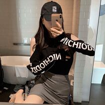 Sexy tight strapless Long Sleeve Personality Letter Print T-shirt Slim base shirt jazz jazz Top Women