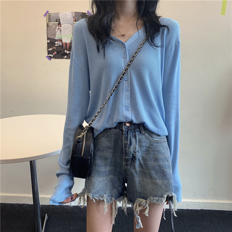 Lisa same style jazz jazz dance ice silk thin section outer wear small shirt female V-neck long-sleeved knitted cardigan jacket trendy