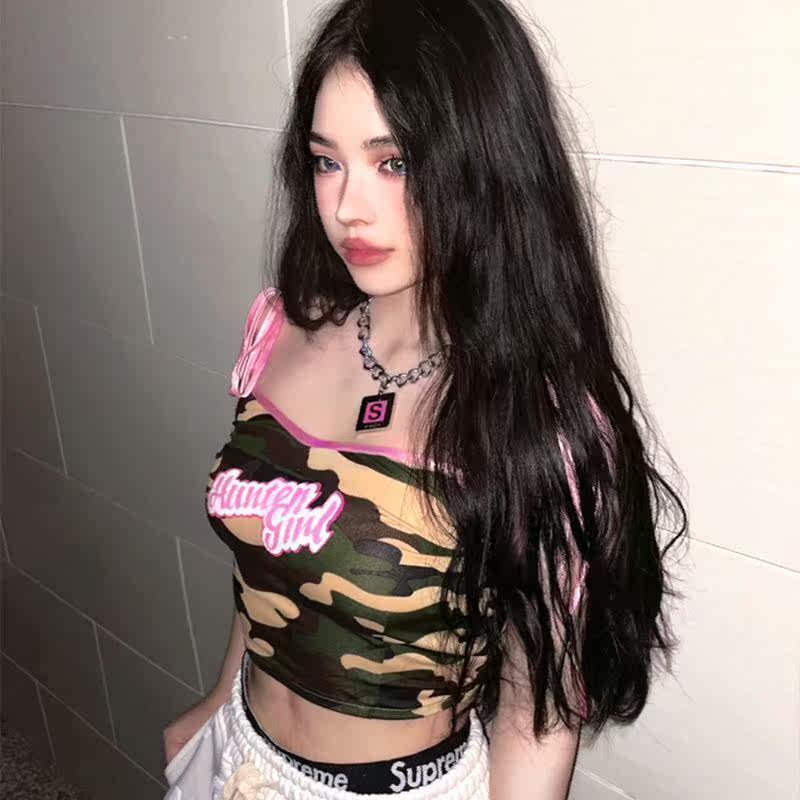 Lisa jazz dancing jazz hot girl suspenders short navel strap vest female letter camouflage outer wear top