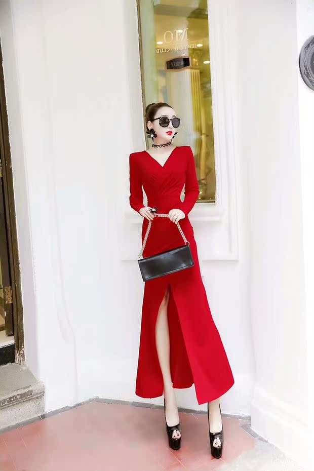 Châu âu và Mỹ tính khí nữ mùa thu và mùa đông mới sexy V-Cổ slim giảm béo không thường xuyên đuôi cá váy eo váy đầm công sở 2020