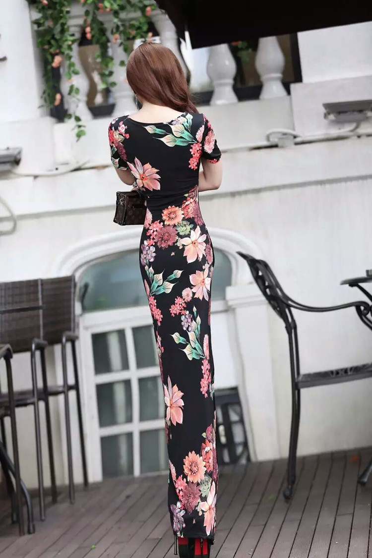 Châu âu và Hoa Kỳ mùa hè của phụ nữ new sexy V-Cổ slim slimming bag hip khe cao ăn mặc thời trang in ăn mặc nữ đầm dài tay trẻ trung