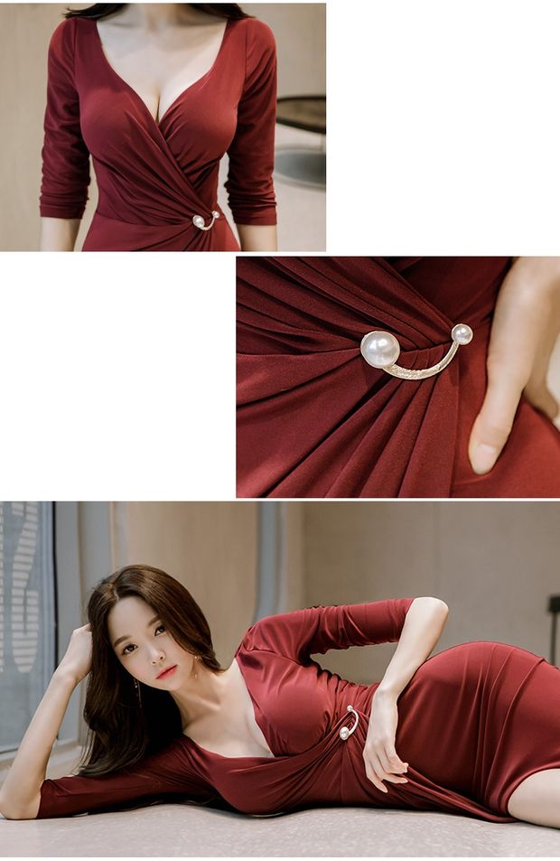 2018 mới mùa thu và mùa đông phụ nữ sexy ladies CV tính khí V-Cổ Mỏng dài tay túi hip chia đầm đầm đầm dự tiệc cưới